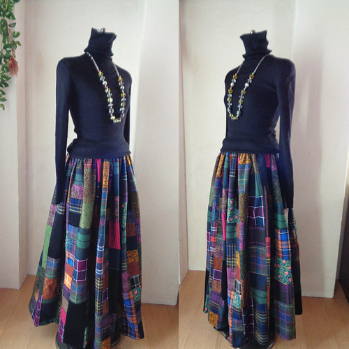 tricot コムデギャルソン サテン パッチワーク ギャザー スカート 絵画なパッチワーク♥Dark green&Plum♥ボリュームギャザースカート