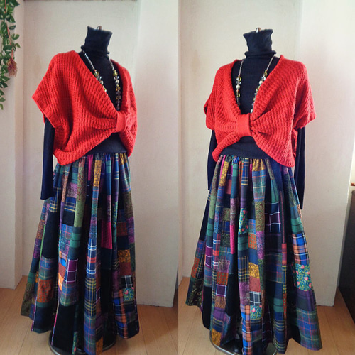 絵画なパッチワーク♥Dark green&Plum♥ボリュームギャザースカート