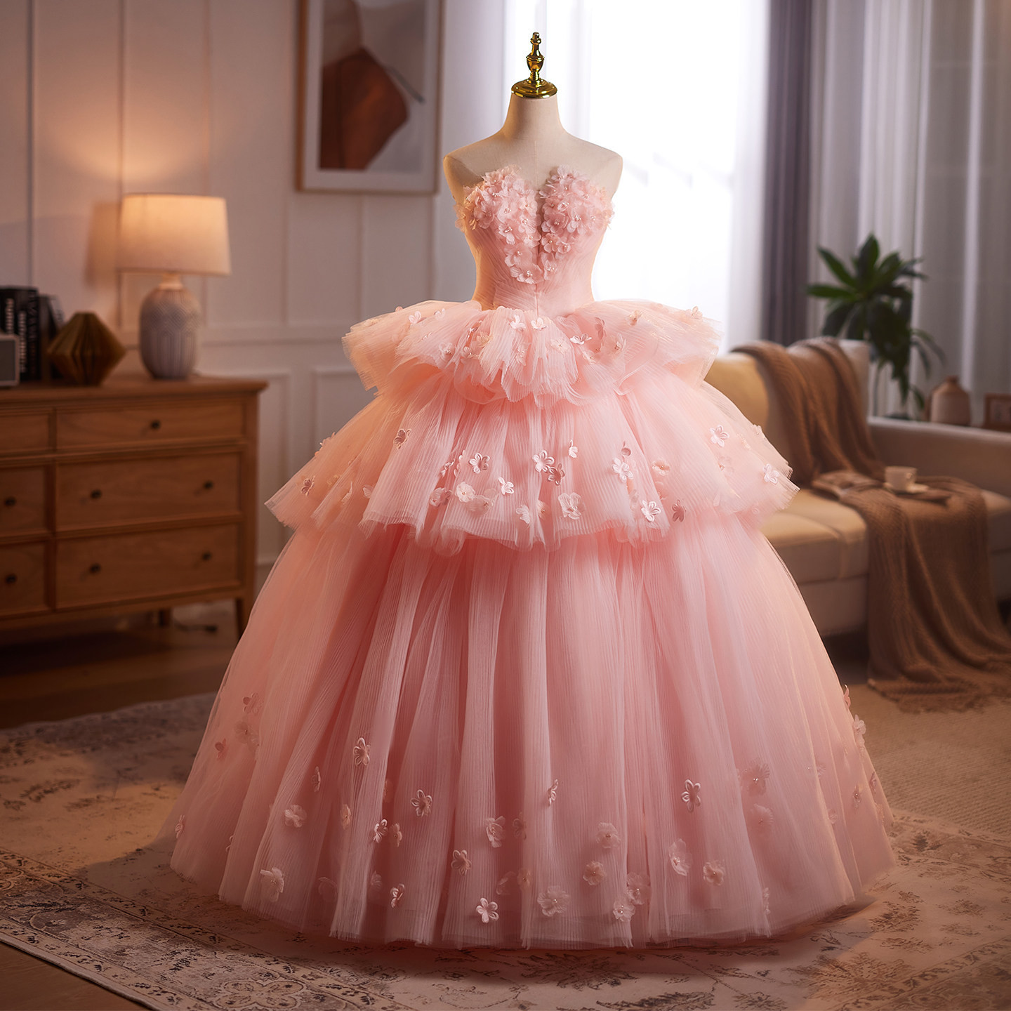 綺麗 ピンク ふわふわ 花 ウェディングドレス プリンセス 花嫁 誕生日 成人式 二次会 前撮り 披露宴 9142