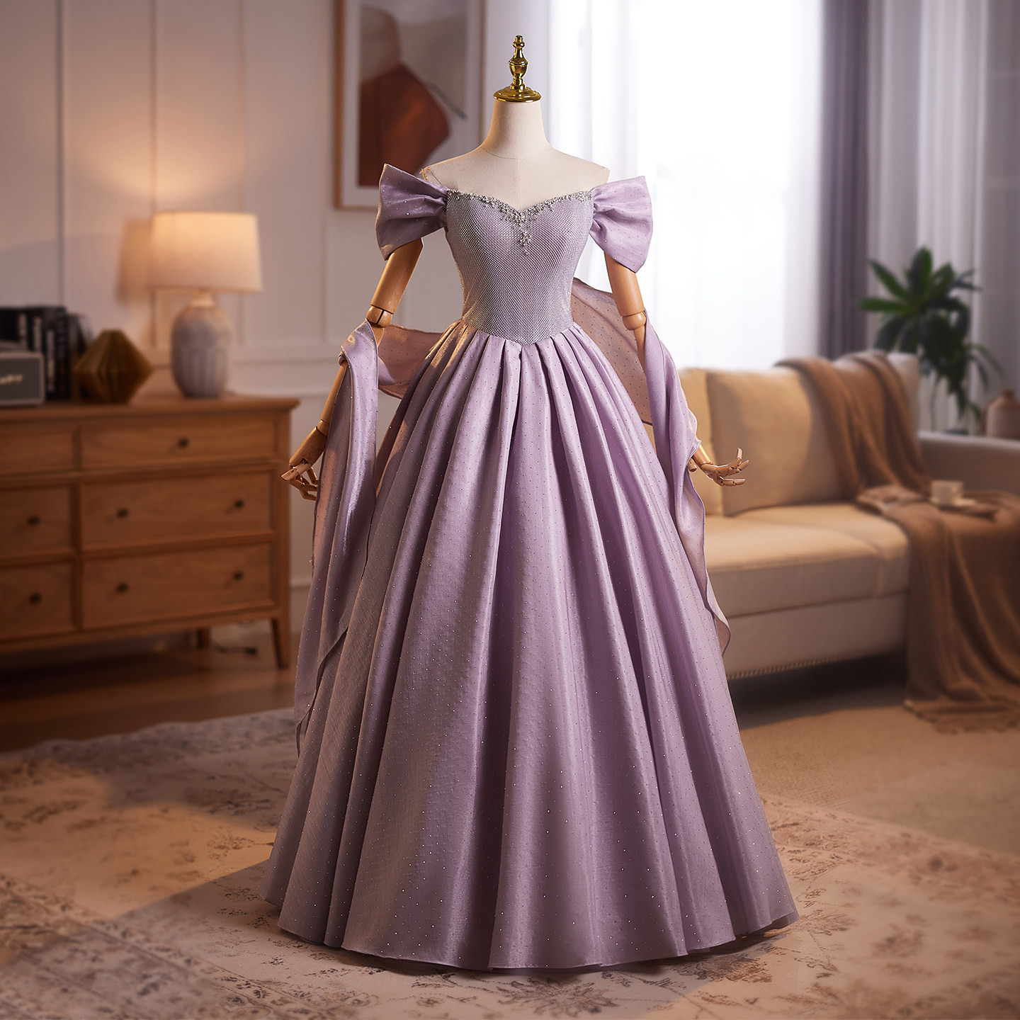 綺麗 紫 ふわふわ オフショルダー パーティードレス プリンセス 花嫁 誕生日 成人式 二次会 前撮り 披露宴 9143