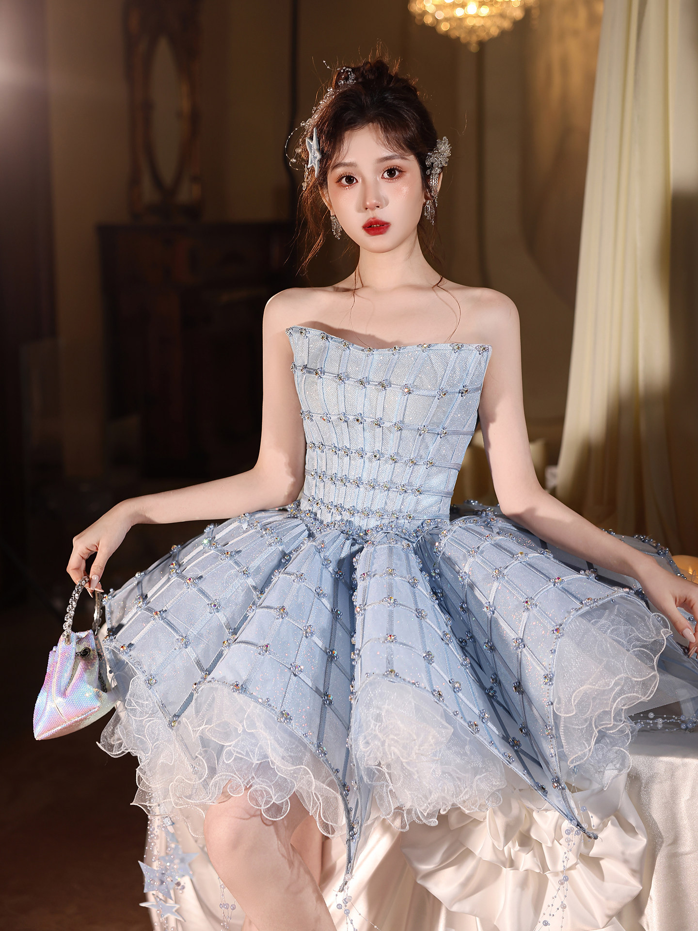 綺麗 薄青 きらきら パーティードレス プリンセス 豪華 誕生日 成人式 二次会 前撮り 演奏会 披露宴 09149