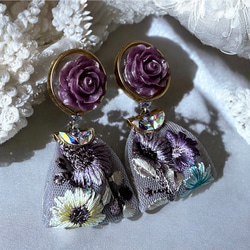 2way/くすみパープルの薔薇×インド刺繍リボン×スワロのアンティークな薫り漂うニュアンスカラー薔薇ピアス・イヤリング 5枚目の画像