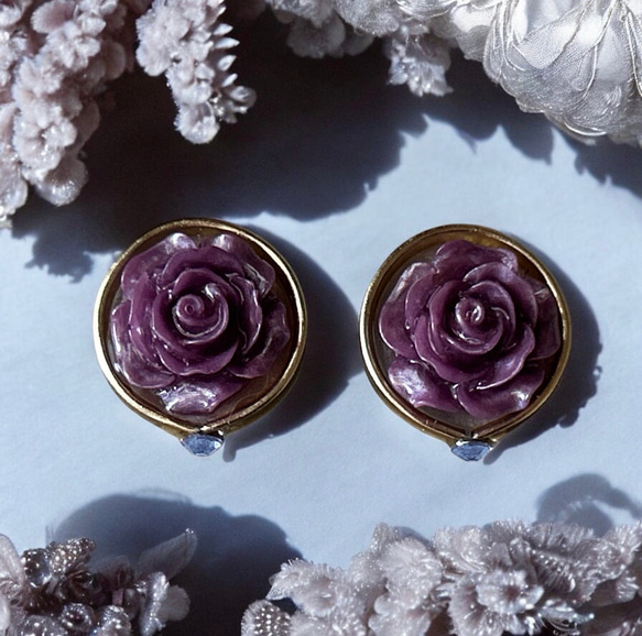 2way/くすみパープルの薔薇×インド刺繍リボン×スワロのアンティークな薫り漂うニュアンスカラー薔薇ピアス・イヤリング 6枚目の画像