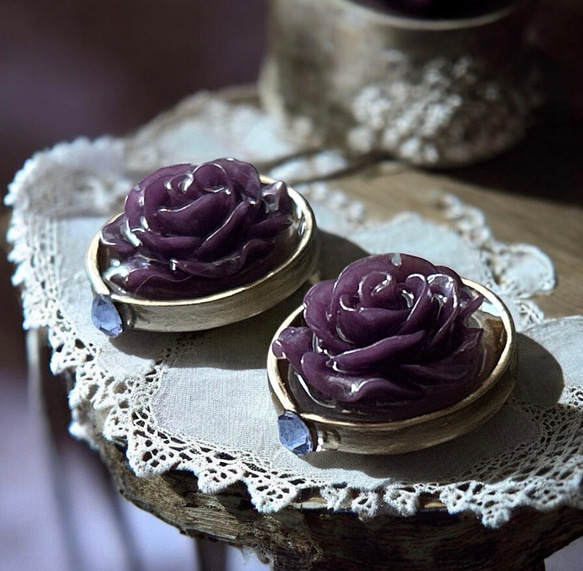 2way/くすみパープルの薔薇×インド刺繍リボン×スワロのアンティークな薫り漂うニュアンスカラー薔薇ピアス・イヤリング 8枚目の画像