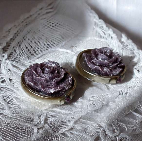 2way/くすみパープルラメの薔薇×インド刺繍リボン×スワロのアンティークな薫り漂うニュアンス薔薇ピアス・イヤリング 6枚目の画像