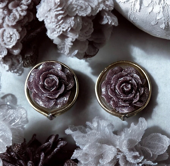 2way/くすみパープルラメの薔薇×インド刺繍リボン×スワロのアンティークな薫り漂うニュアンス薔薇ピアス・イヤリング 5枚目の画像