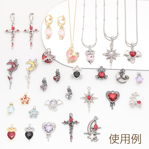 M15959 6個 ハートチャーム デビル風 ラインストーン付き 立体 ガラス