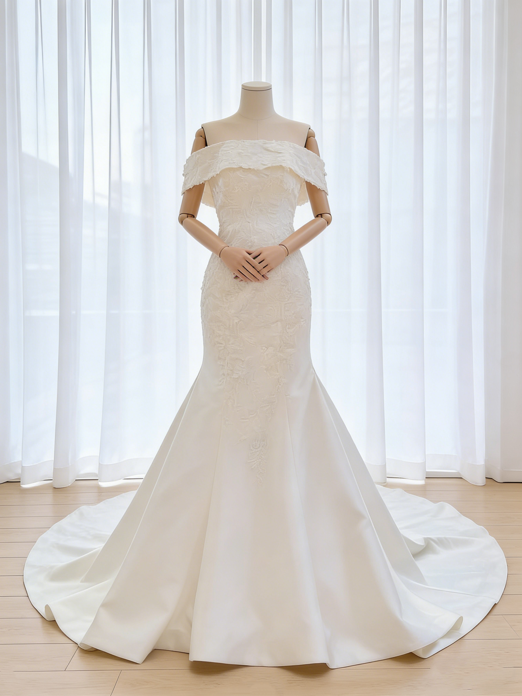 送料無料！ウェディングドレス オフショルダー  マーメイドライン リーフ刺繍 細見えシルエット ロングトレーン 総レース