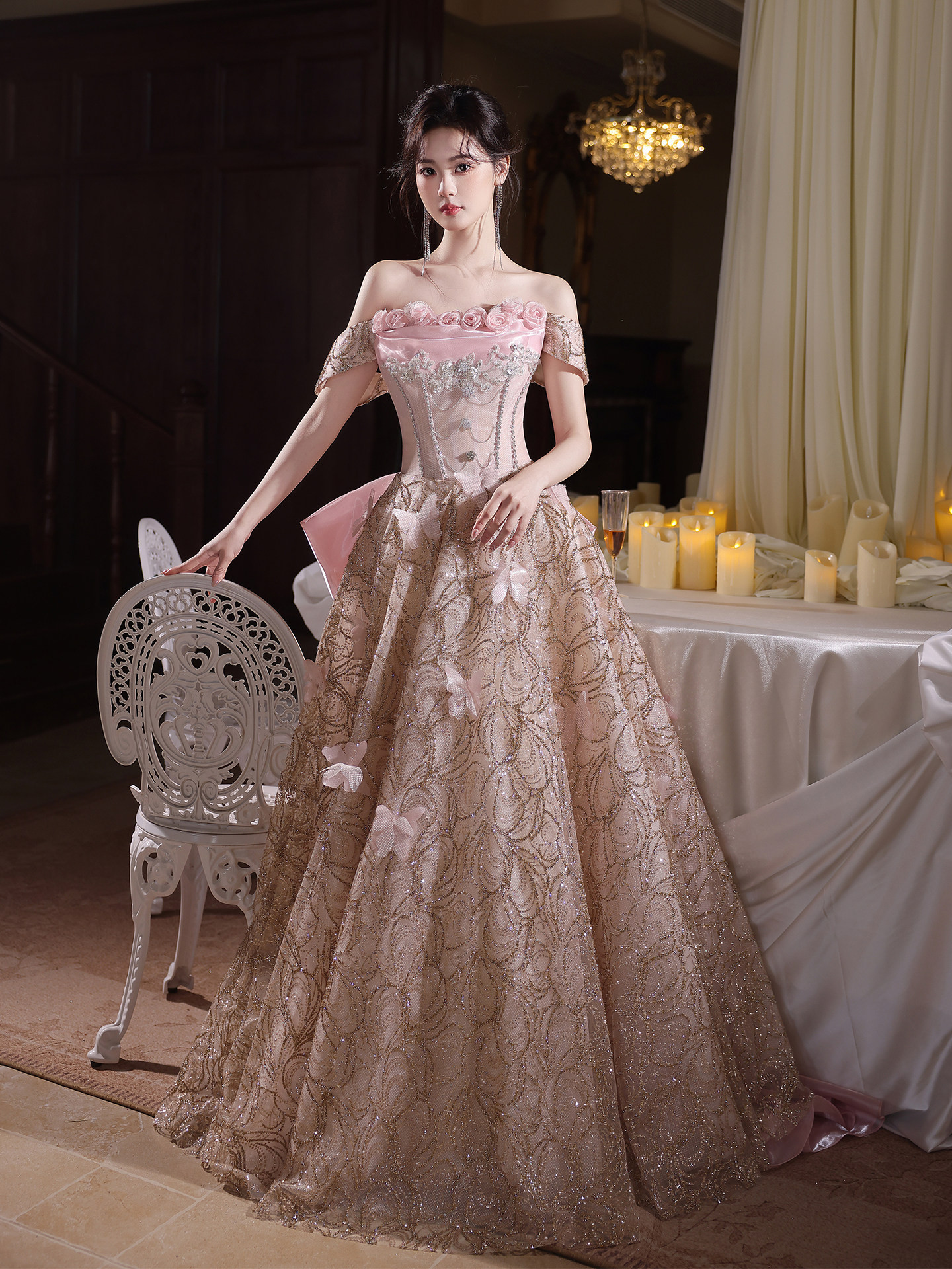 綺麗 ピンク オフショルダー 花 スパンコール きらきら ウェディングドレス 花嫁 誕生日 二次会 前撮り 09152