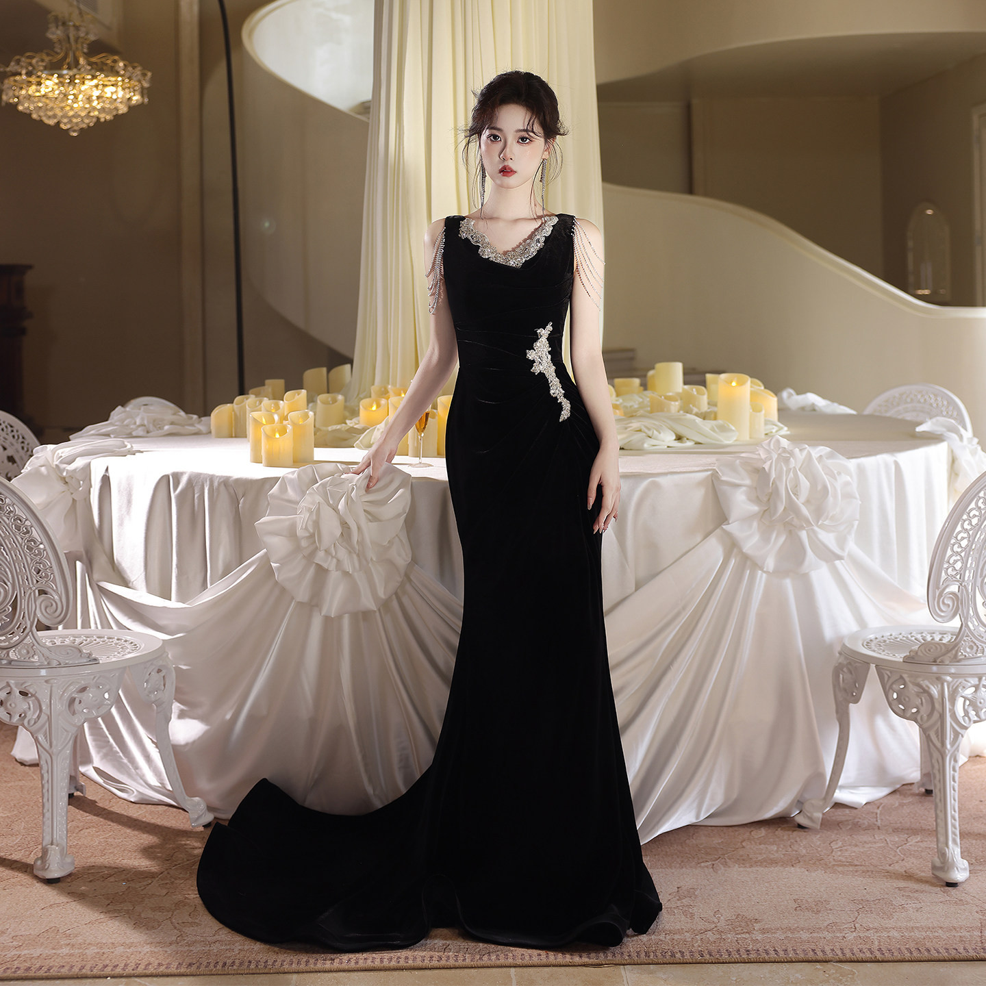 綺麗 黒 マーメイドドレス 裾引き 高級感 優雅 パーティー 誕生日 演奏会 発表会 披露宴 二次会 前撮り 09153