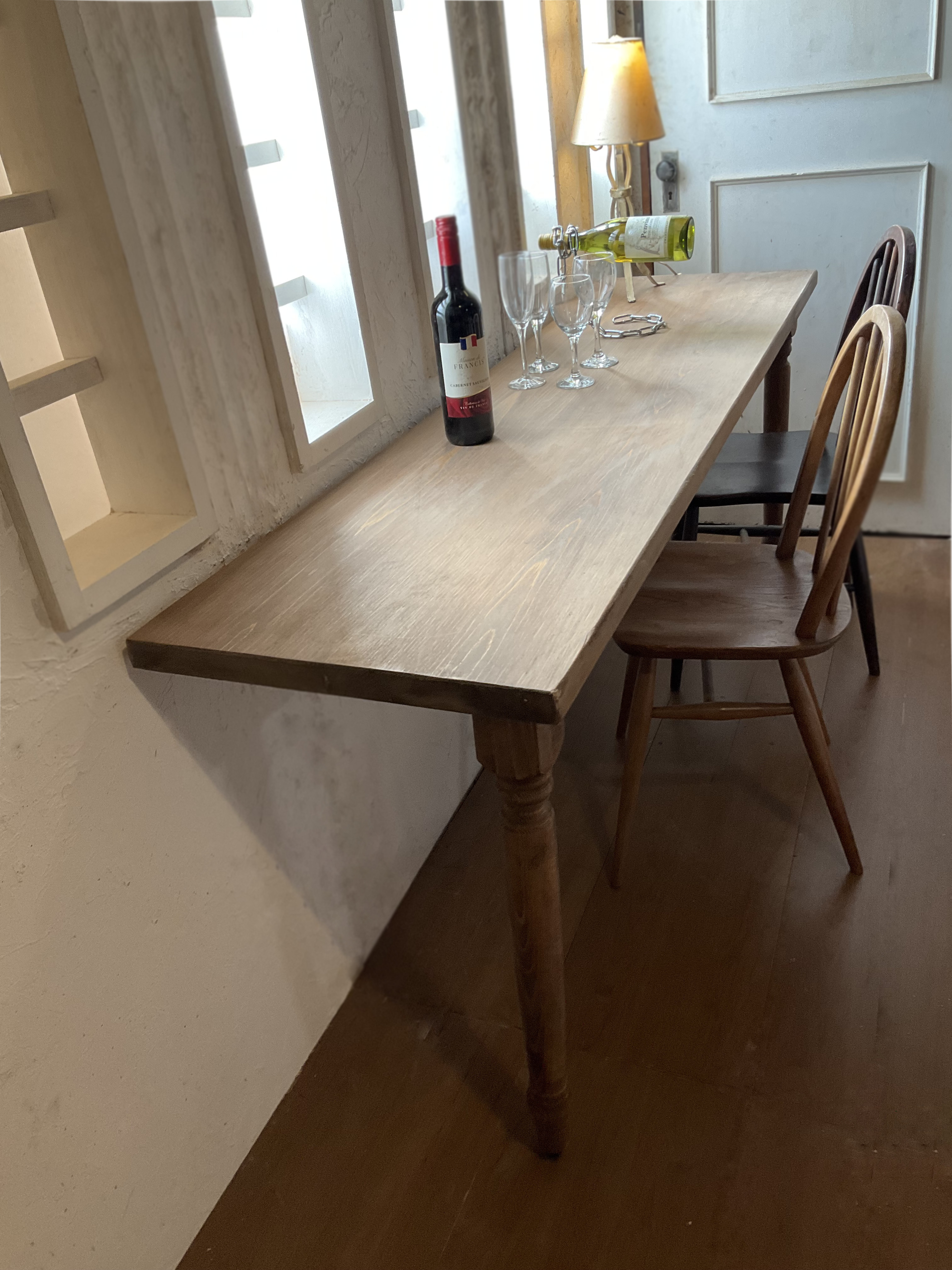 w1700 #業務用　ろくろ足　#カウンターテーブル　ヒノキ天板　壁設置ビス止めタイプ　#キッチンカウンターテーブル