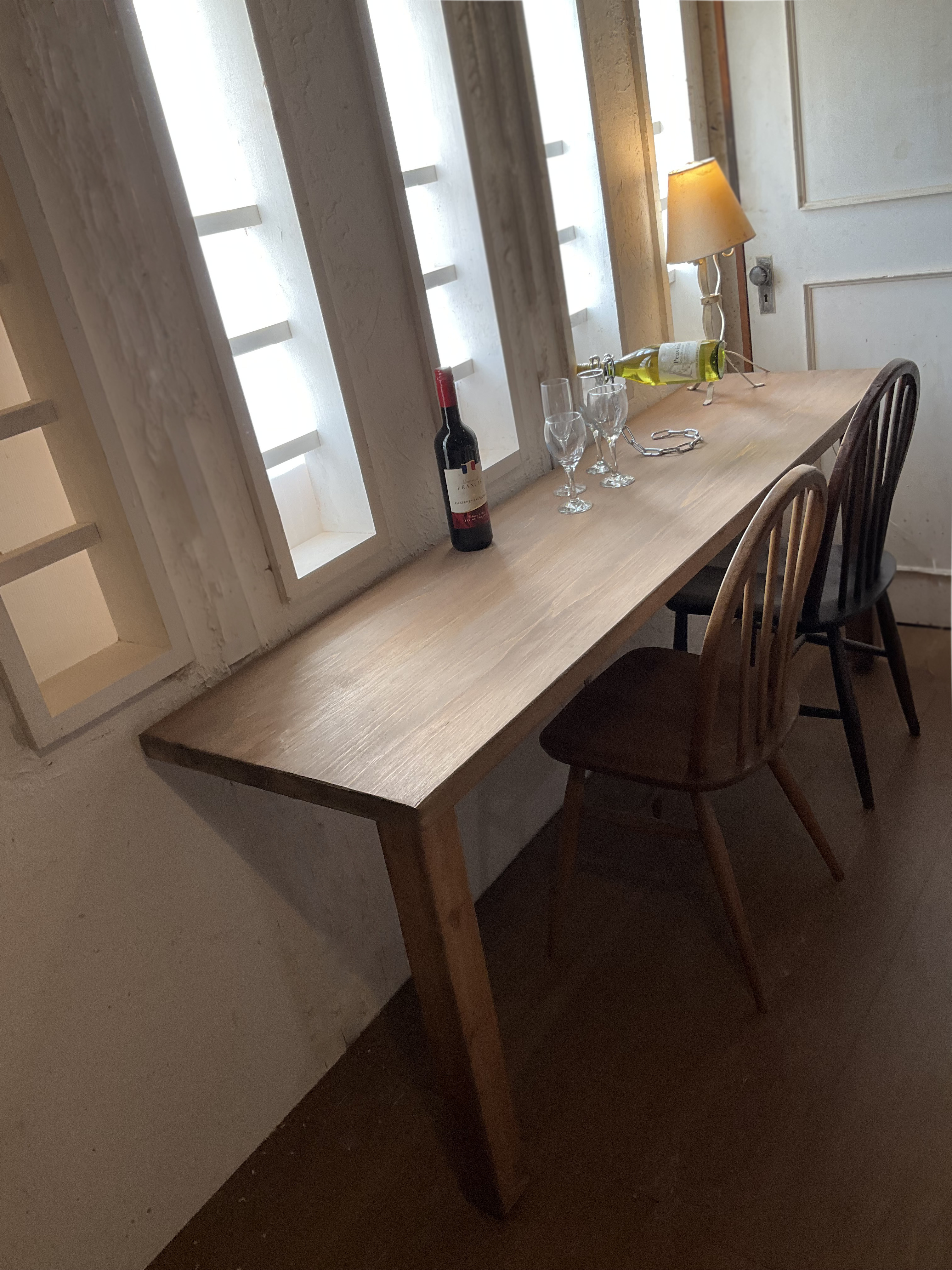 w1600 #業務用　ヒノキの木足　#カウンターテーブル　ヒノキ天板　壁設置タイプ　#キッチンカウンターテーブル