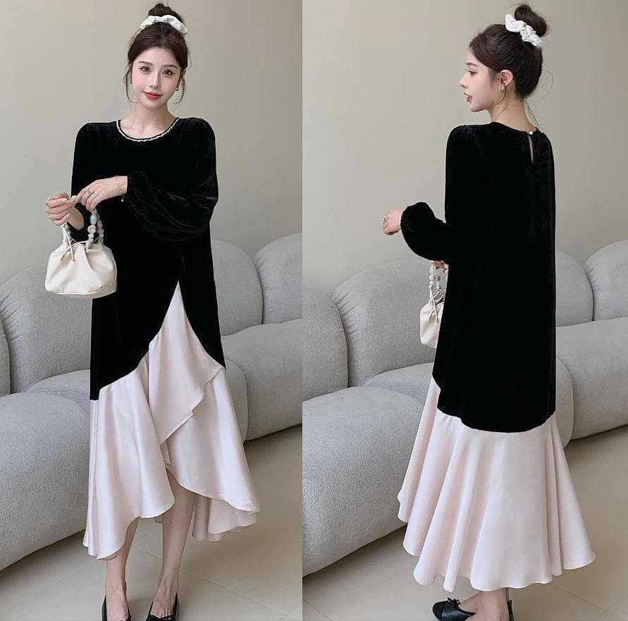 アシメ　大きいサイズ バイカラー　ワンピース　レディース 　秋冬　春 長袖