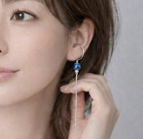 さとう式リンパケア イヤーカフ（ビューティーカフ）ブルー陶器ロングチェーン