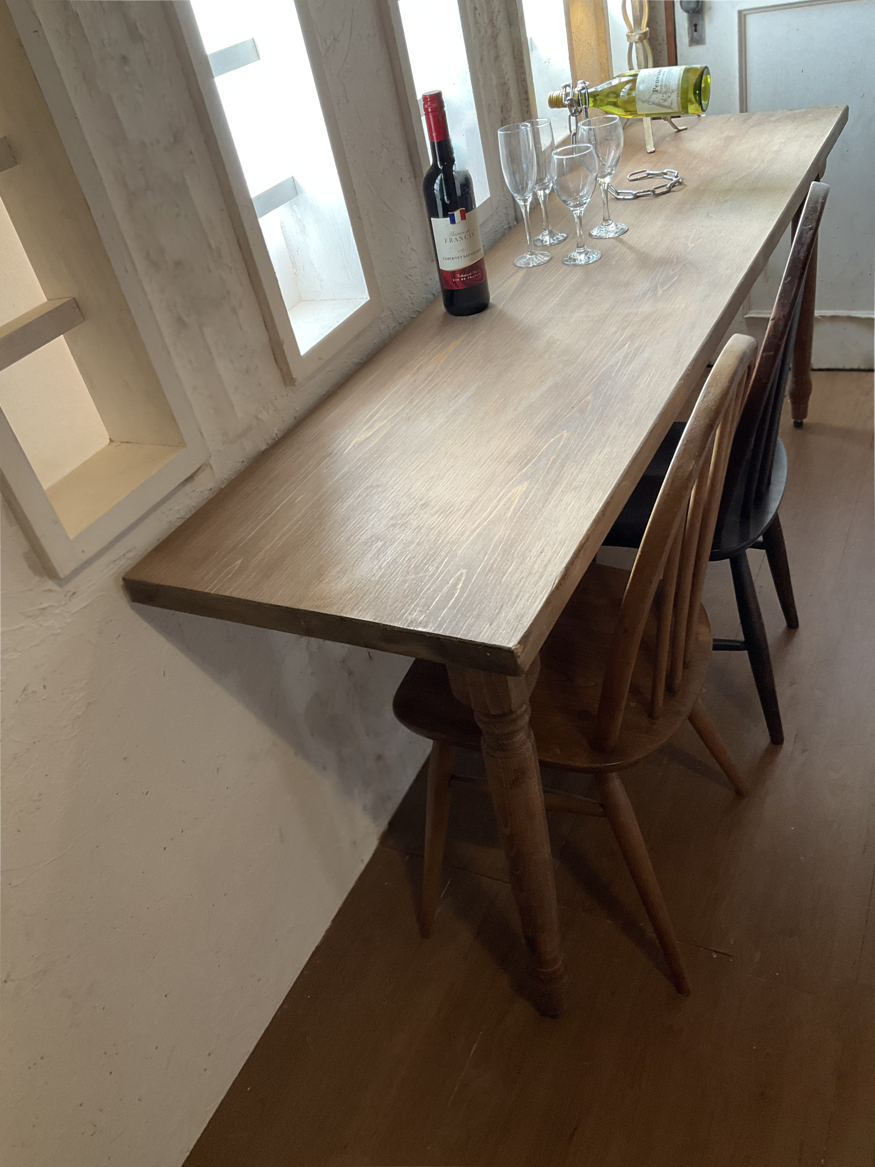 w1500#業務用　ろくろ足　#カウンターテーブル　ヒノキ天板　壁設置ビス止め　タイプ　#キッチンカウンターテーブル