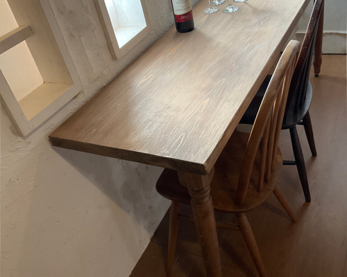 w1500#業務用 ろくろ足 #カウンターテーブル ヒノキ天板 壁設置ビス