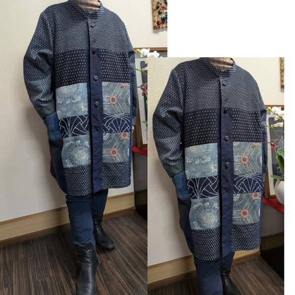 古布リメイク　久留米絣＆大島紬　リバーシブルコート　ハンドメイド 書生絣古布色々と筒がきと紬のリバーシブルコート 古布リメイク コート