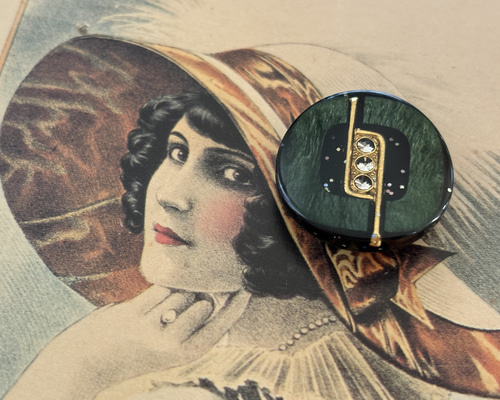 22mm Japanese ヴィンテージボタン グリーン×ゴールド ストーン
