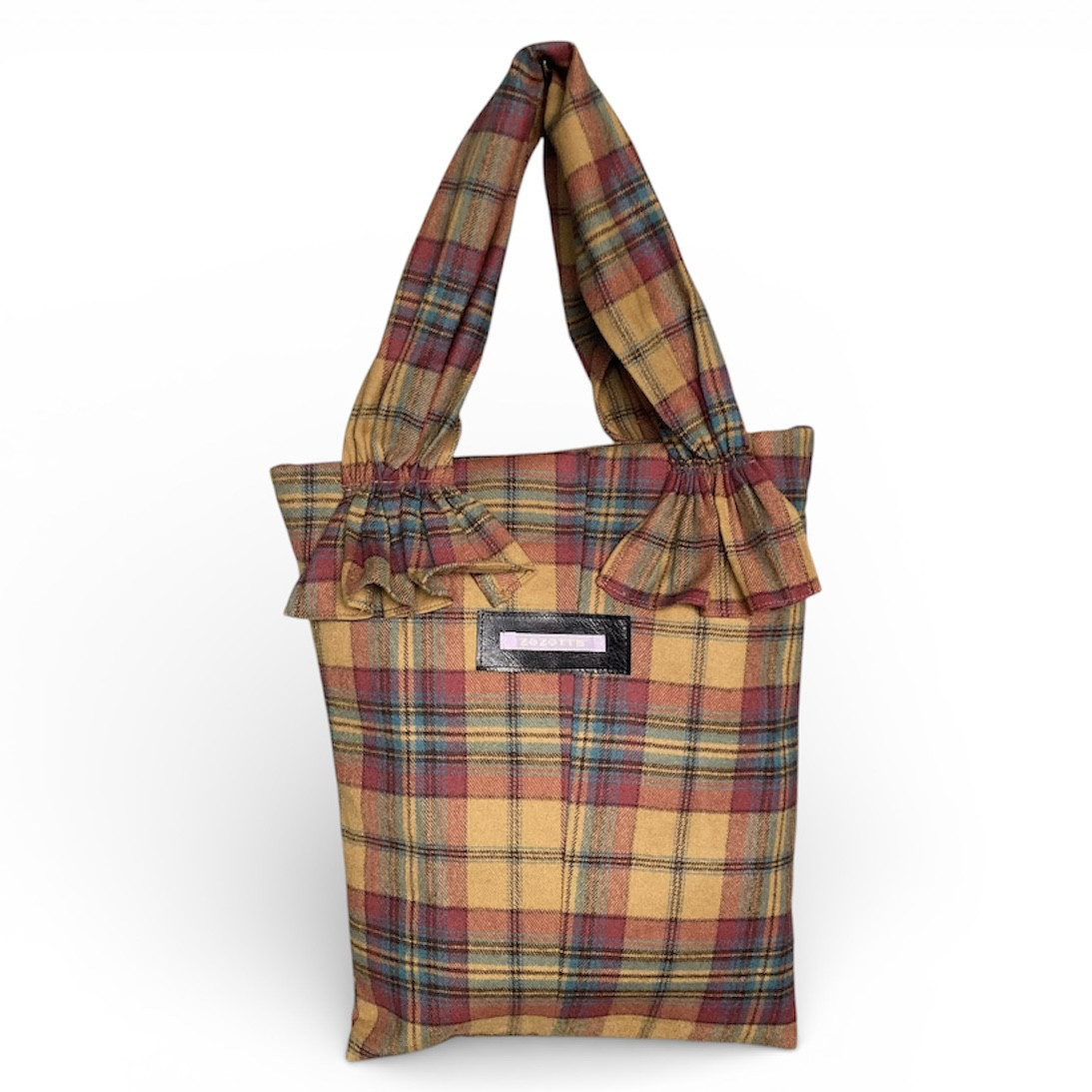 古着リメイク 中綿入りギャザートート｜マスタードチェック＆ウール【1点物】