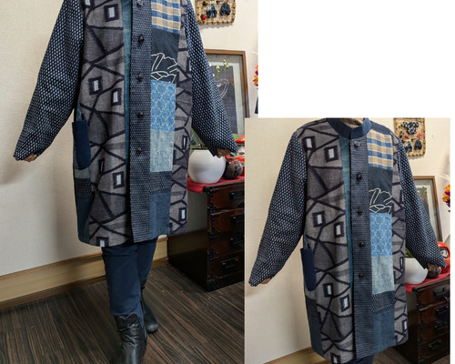 書生絣古布色々と筒がきと紬のリバーシブルコート 古布リメイク コート