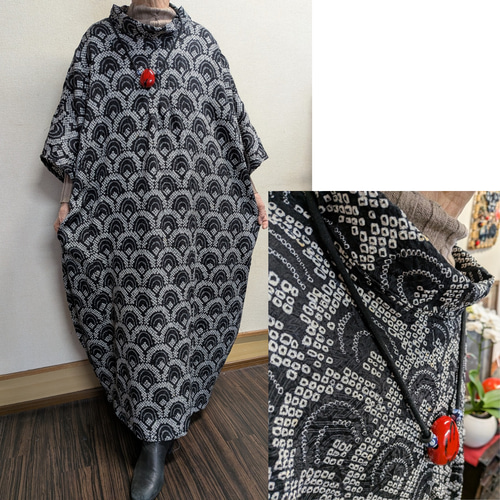 総絞りのコクーンゆったりワンピース 着物リメイク ワンピース 着物