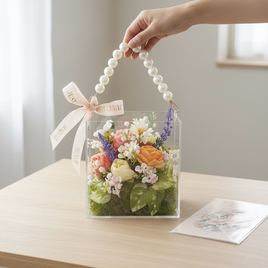 【無料ラッピング】光触媒フラワー パールハンドル付き クリアボックスフラワー｜春の彩り想いが伝わるギフトアレンジ