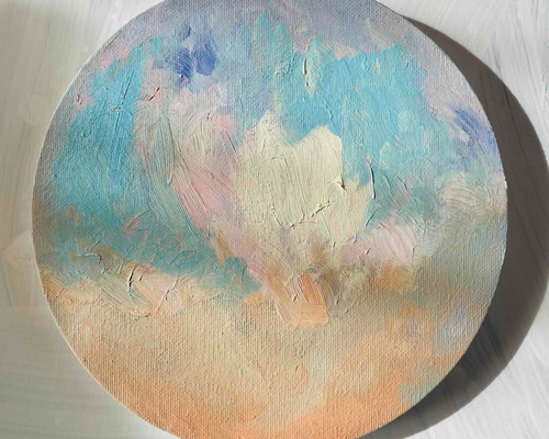 油彩 絵画 『空』丸形アートパネル 直径30cmインテリア 絵画 原画 油彩