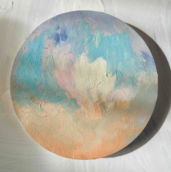 油彩 絵画 『空』丸形アートパネル 直径20cmインテリア 絵画 原画 油彩