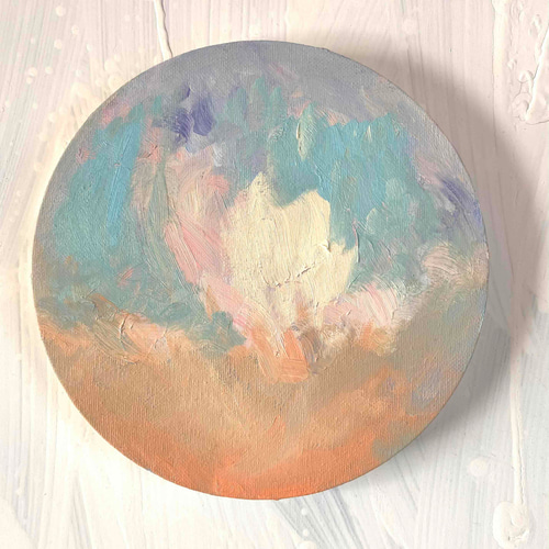 油彩 絵画 『空』丸形アートパネル 直径20cmインテリア 絵画 原画 N