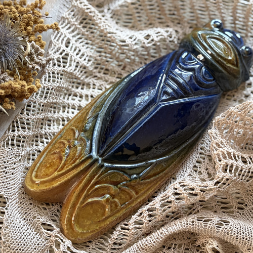 フランスVintage ブロカント プロヴァンス セミの置物 ブルー 陶器 蝉