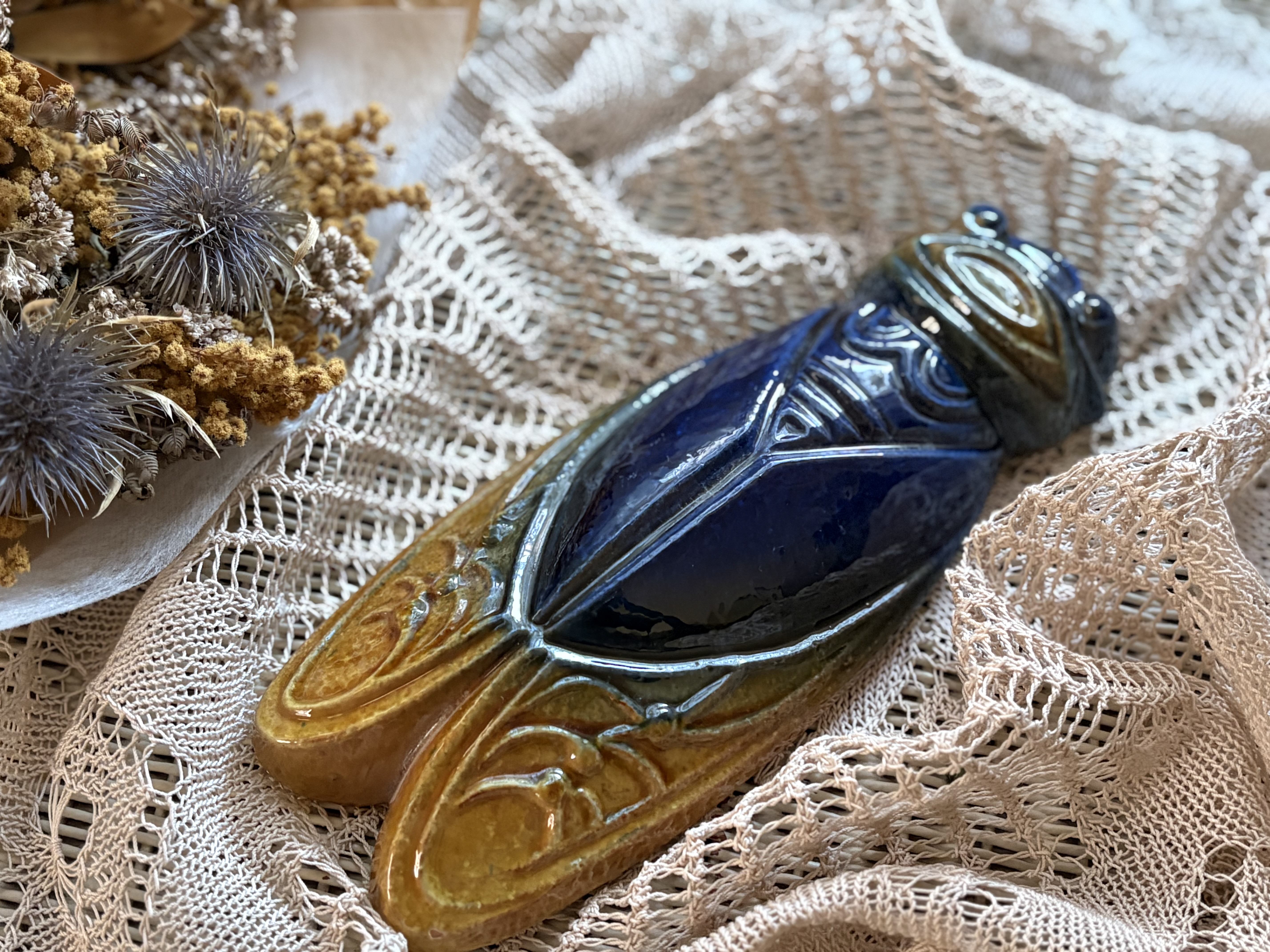 フランスVintage ブロカント プロヴァンス セミの置物 ブルー 陶器 蝉 ウォールデコレーション デコレーション材