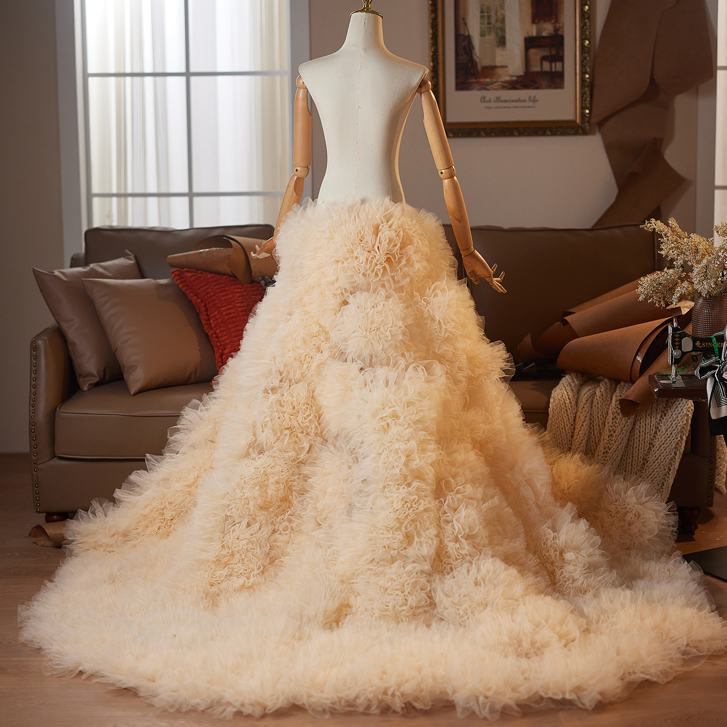 ケープ ロングトレーン シャンパン色 チュール 裾引き 肩飾り DIY アクセサリー ウェディングドレス DTY527