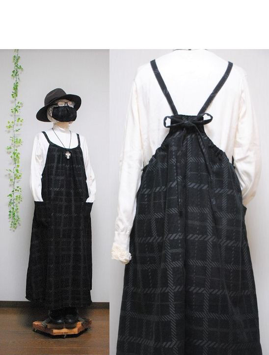 スエード　黒　ワンピース　ロング着丈120cm　エプロンワンピース　　 部屋着　リラックスウェアー　エプロン