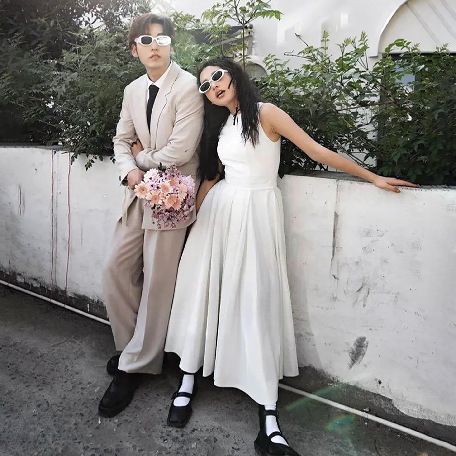 高級感 白 タフタ ウェディングドレス シンプル 韓国風 結婚式 花嫁 披露宴 演奏会 前撮り HL1120