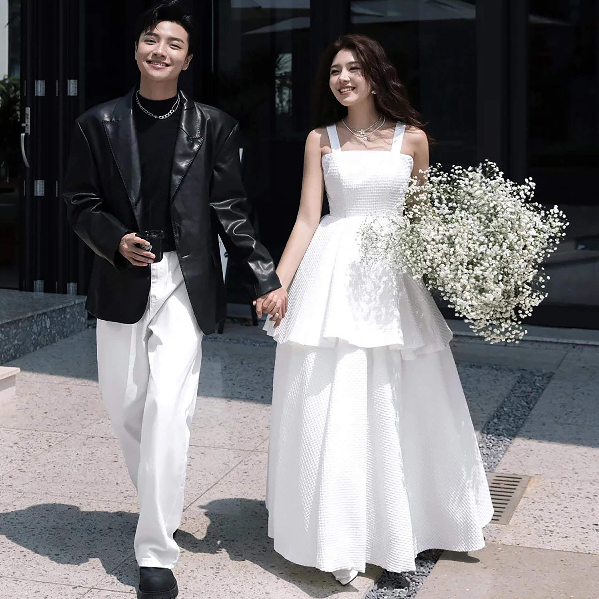 高級感 白 ふわふわ ウェディングドレス シンプル 韓国風 結婚式 花嫁 披露宴 演奏会 前撮り HL1121