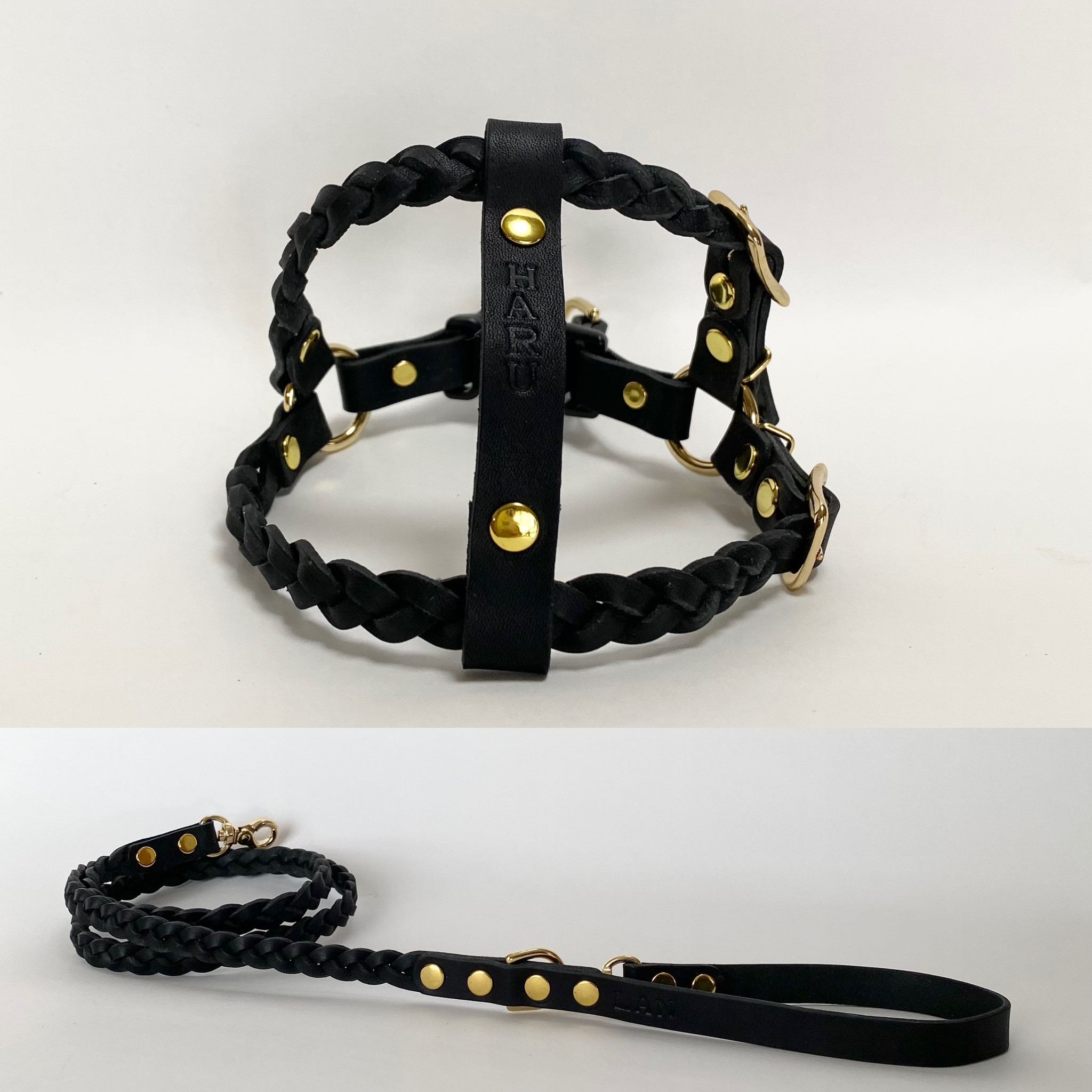 黒レザー三つ編みハーネスカフェリードセット（小型犬用）