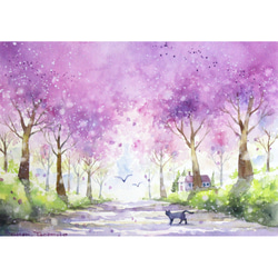 原画】春の並木道（水彩画）送料無料☆森 風景 絵画 #2977 絵画 Yukari