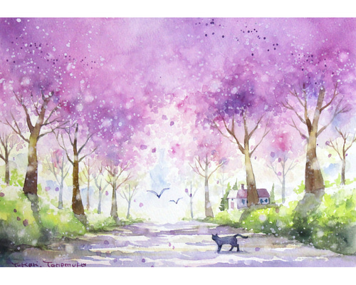 原画】春の並木道（水彩画）送料無料☆森 風景 絵画 #2977 絵画 Yukari