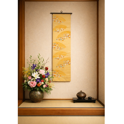 16)2407】180cm/扇小花文様/タペストリー・テーブルランナー/和風/帯