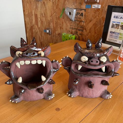 受注制作】新色特大シーサーの置き物（ペア） 陶器 笑う門には福来る
