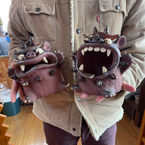 完成！限定1組】新色特大シーサーの置き物（ペア） 陶器 笑う門には福