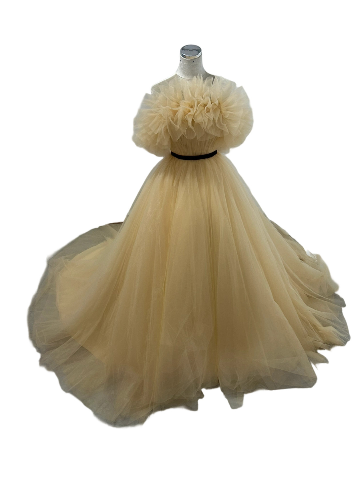 カラードレス シャンパン色  オフショル サッシュベルト ソフトチュール 優しい  ブライダル 前撮り