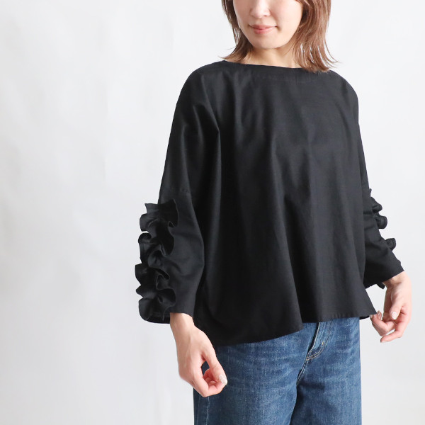 新作　上質ギマ擬麻コットン　フリル袖　ブラウス　シャツ　ゆったり　ブラック　B52B 6,435円