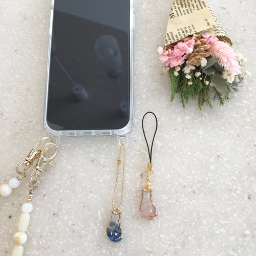 ねこのストラップ＊誕生石チャーム】ボールチェーン変更可＊猫モチーフ