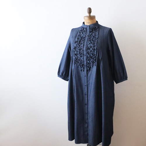 新作 119cm 甘織デニム コットン 小花フリル ワンピース ロング