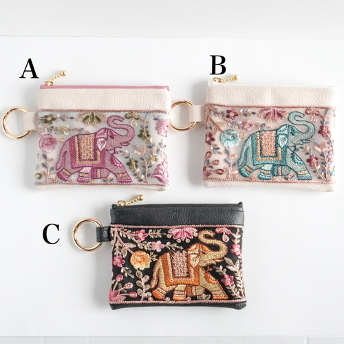 インド刺繍ポーチ カラビナ付き インド刺繍リボン インド刺繍生地 化粧