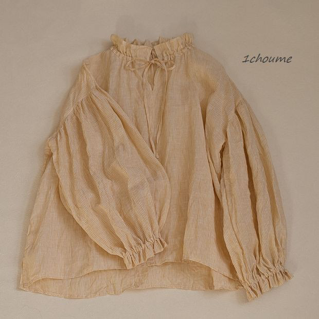 スタンドフリル　ブラウス　イエローオレンジストライプ　フレンチリネン