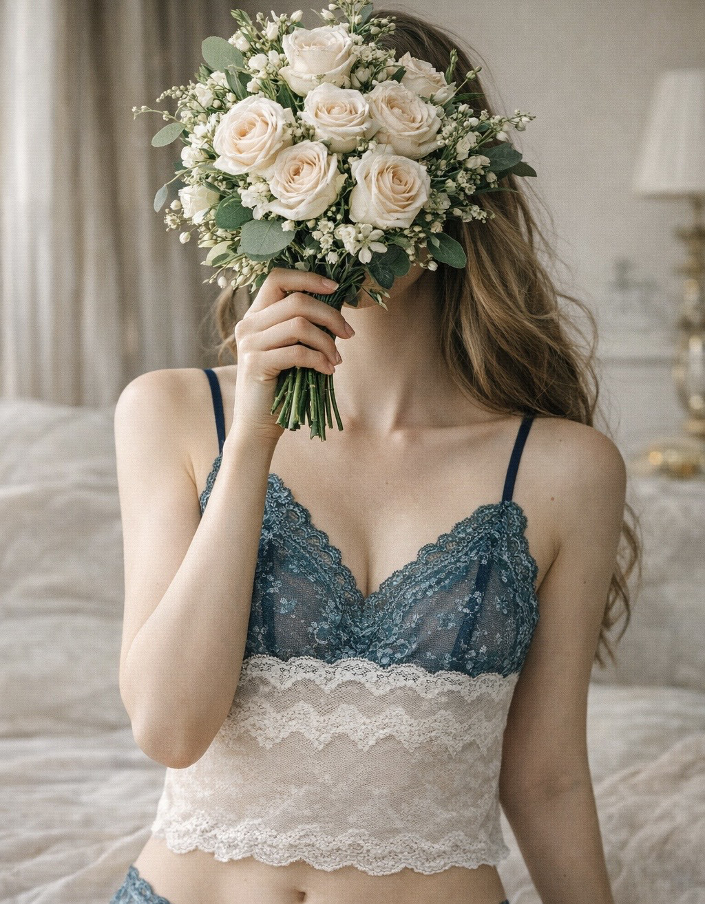 総レースブラレット　キャミソールランジェリー/ブルー×ベビーピンク/インポートランジェリー/プレゼント