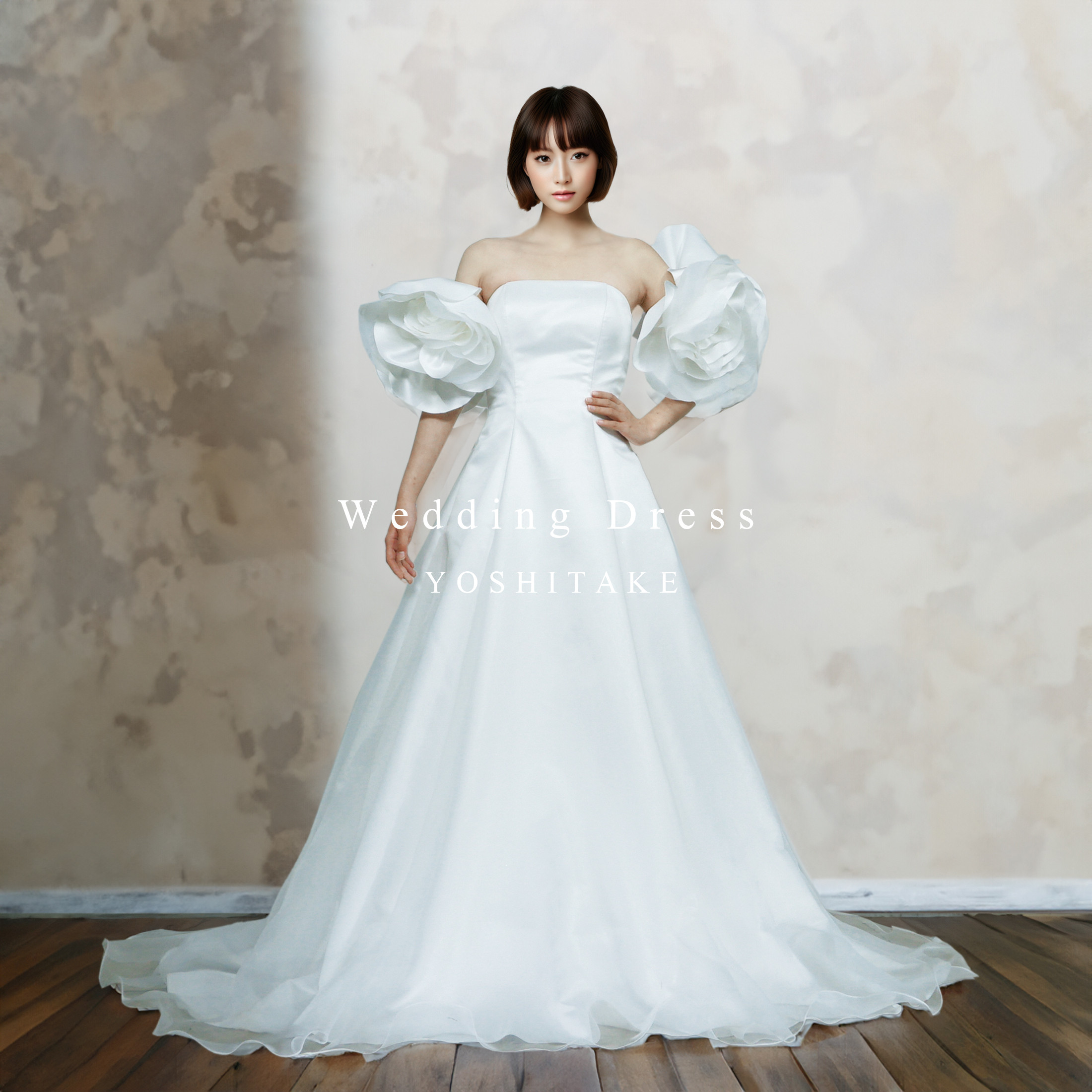 【オーダー制作】ウエディングドレス.白.フラワースリーブ.Aライン.バックリボン.Y2692-1