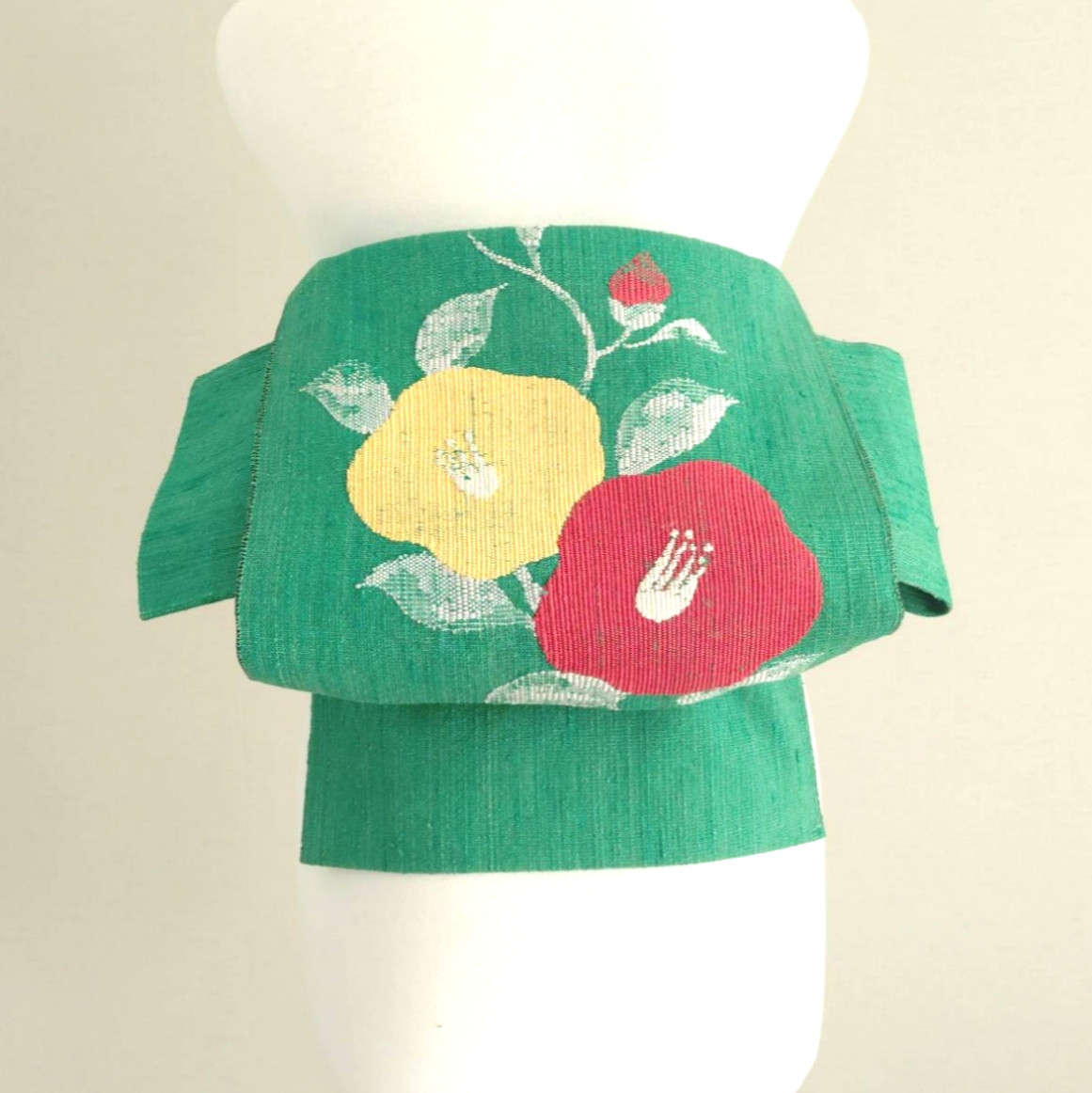 一部式　リトグラフに椿　作り帯　付け帯　銀座スタイル　胴巻き～100㎝　手織り紬